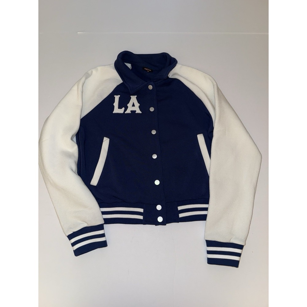 Angel Cult Women Varsity Jacket XS Blue White LA Snap Front Croppe NEW